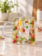 Floral Double Wall Glass Mug with Handle – Transparent Insulated Coffee & Tea Cup
