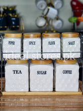 Ceramic Tea Coffee Sugar & Spice Jar Set with Bamboo Lids & Matel Stand – 7 Pcs - My Store 2