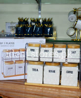 Ceramic Tea Coffee Sugar & Spice Jar Set with Bamboo Lids & Matel Stand – 7 Pcs - My Store 2
