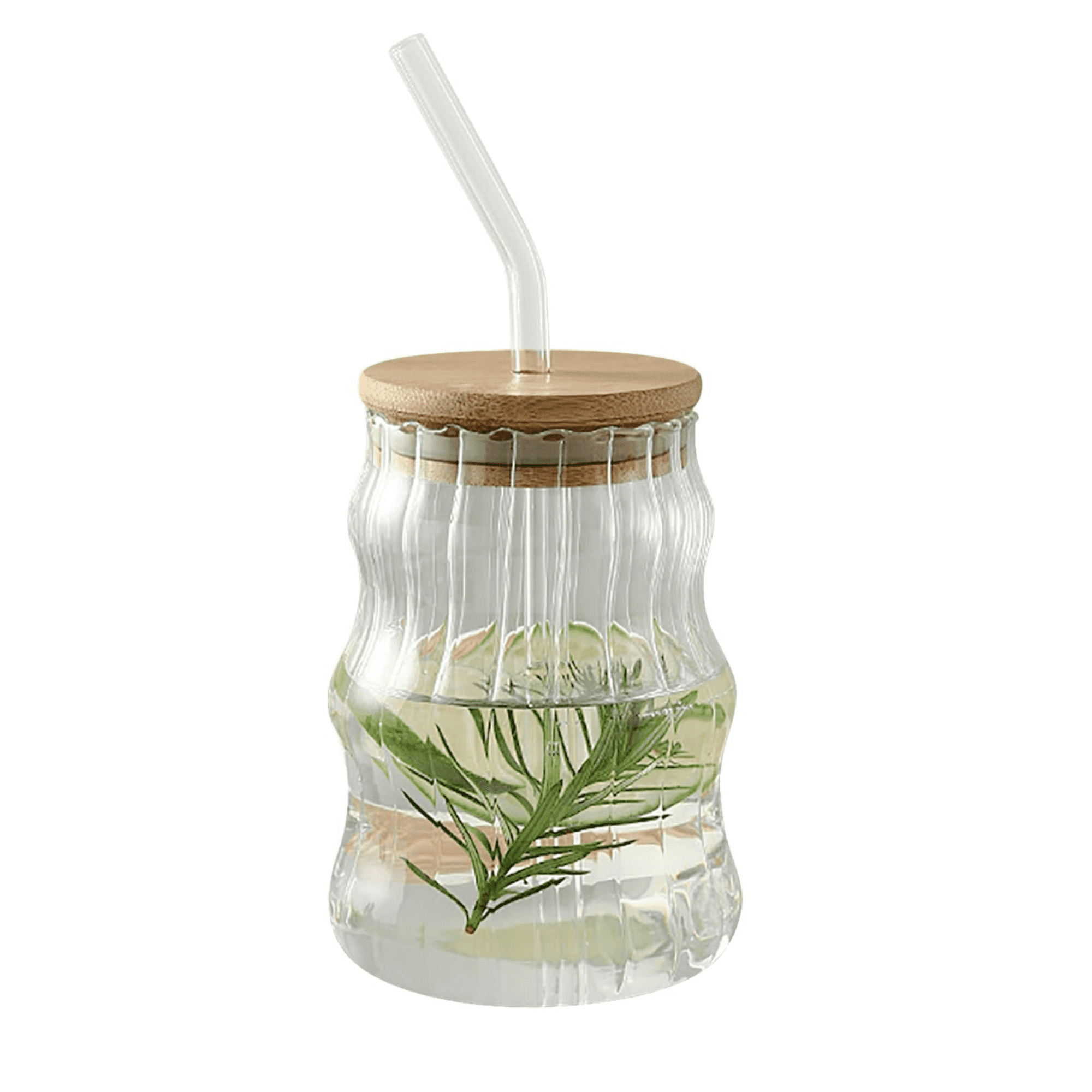 Wavy-Ribbed Amber Glass Drink Tumblers with Bamboo Lids and Straws - IDEALSTORES