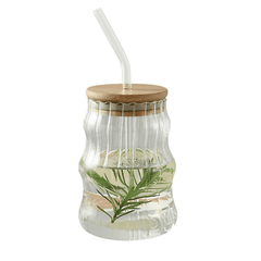Wavy-Ribbed Amber Glass Drink Tumblers with Bamboo Lids and Straws - IDEALSTORES