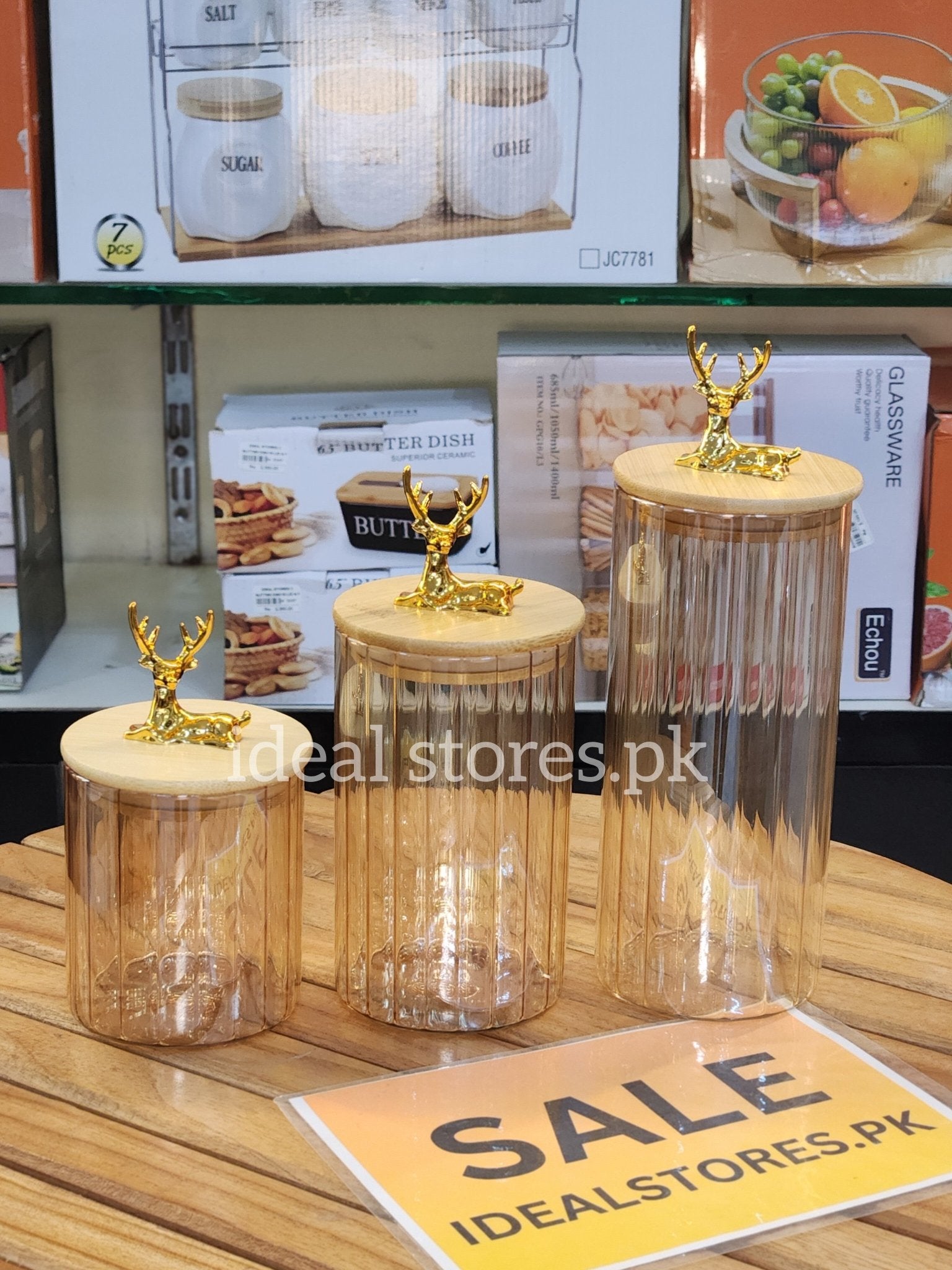3-Piece Deer Design Glass Storage Jar Set with Wooden Lids - My Store 2