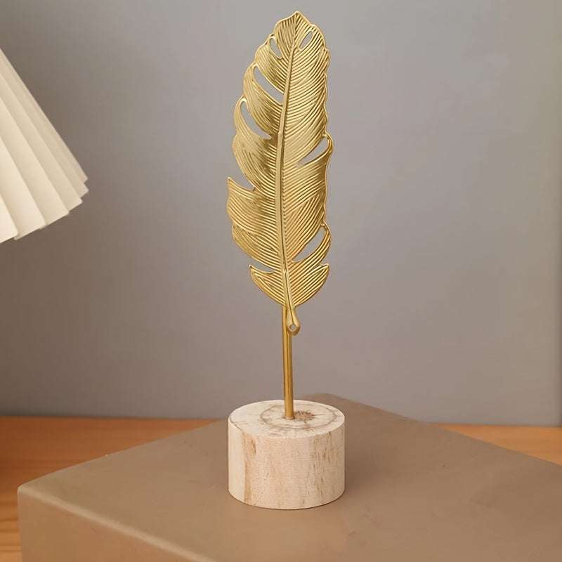 Golden Feather Decor on Wooden Base - IDEALSTORES