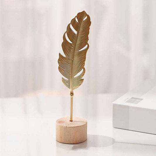 Golden Feather Decor on Wooden Base - IDEALSTORES