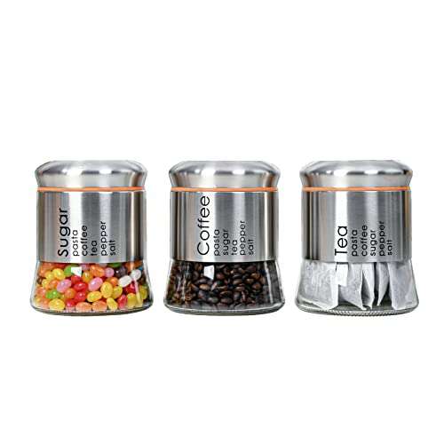 Hyperspace 3-Piece Stainless Steel Glass Canister Set with Screw-On Lids – Coffee, Sugar & Tea Storage Jars for Kitchen Countertop - IDEALSTORES