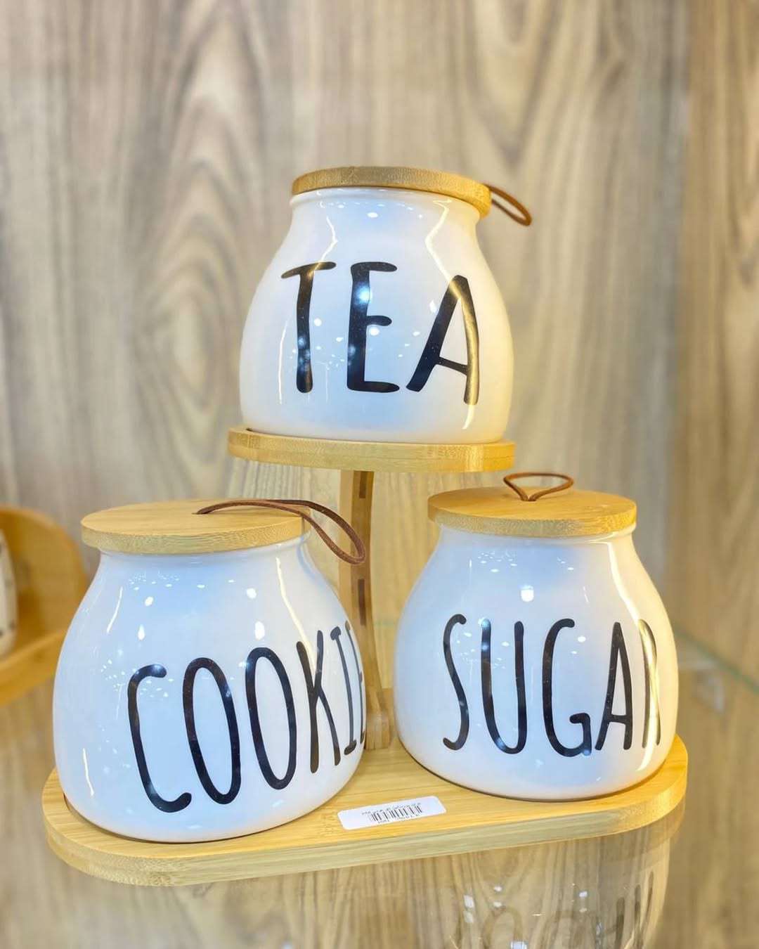 Ceramic Canister Set for Tea, Coffee & Sugar | Kitchen Organizer with wooden Stand - IDEALSTORES