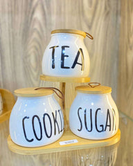 Ceramic Canister Set for Tea, Coffee & Sugar | Kitchen Organizer with wooden Stand - IDEALSTORES