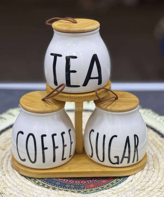 Ceramic Canister Set for Tea, Coffee & Sugar | Kitchen Organizer with wooden Stand - IDEALSTORES