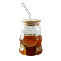Wavy-Ribbed Amber Glass Drink Tumblers with Bamboo Lids and Straws - IDEALSTORES