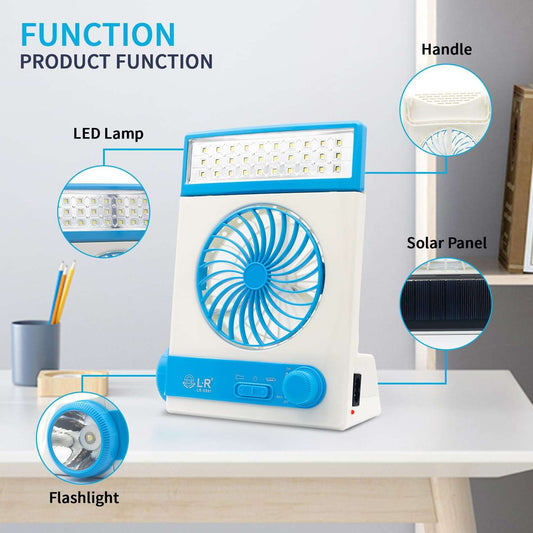 Ansee Solar Fan Camping Fan Cooling Table Fans 3 in 1 Multi-Function with Eye-Care LED Table Lamp Flashlight Torch Solar Panel Adaptor Plug for Home Use Camping (Blue)