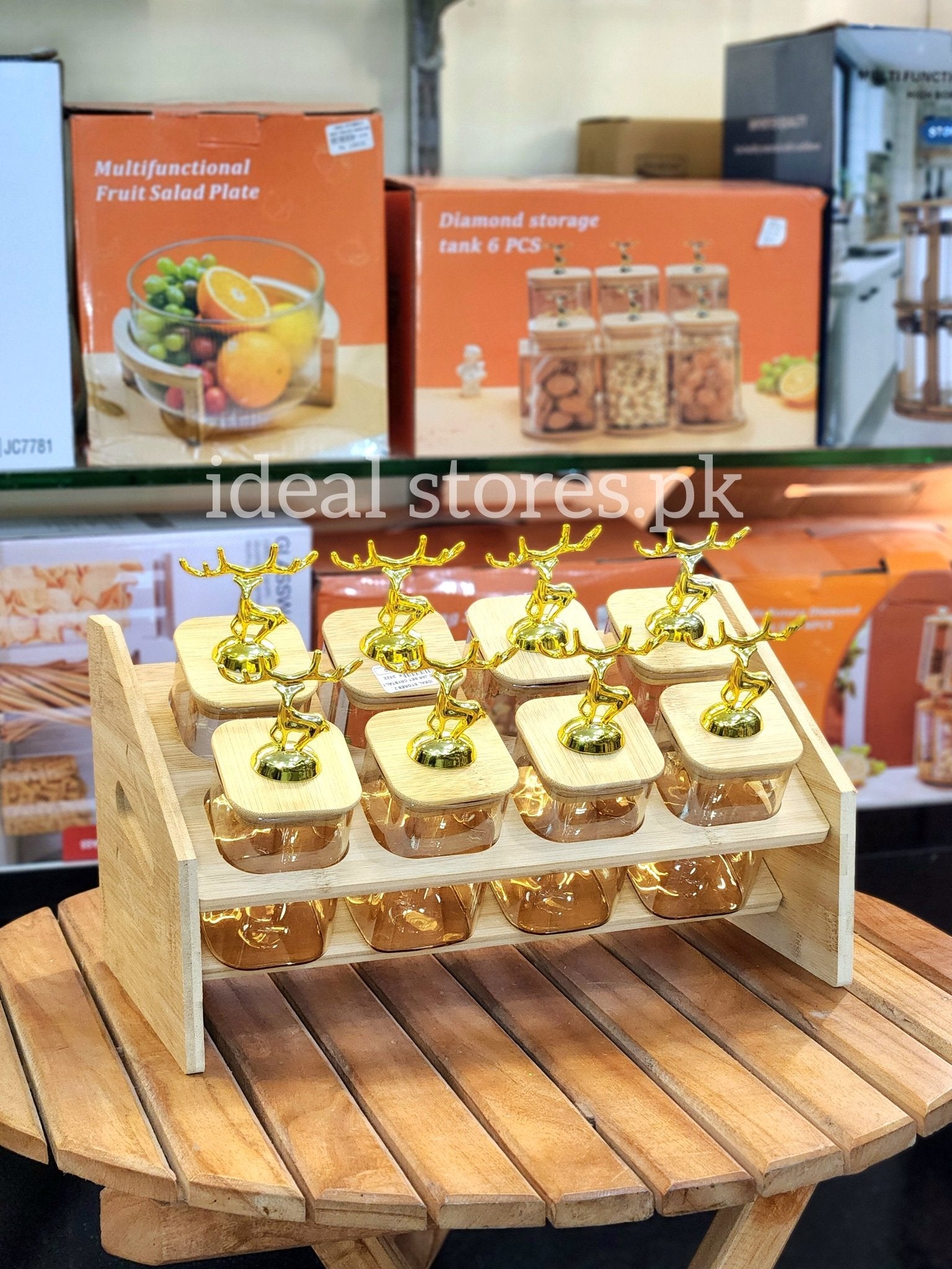 8-Piece Square Glass Storage Jar Set with Bamboo Stand & Deer Handle Lids - My Store 2