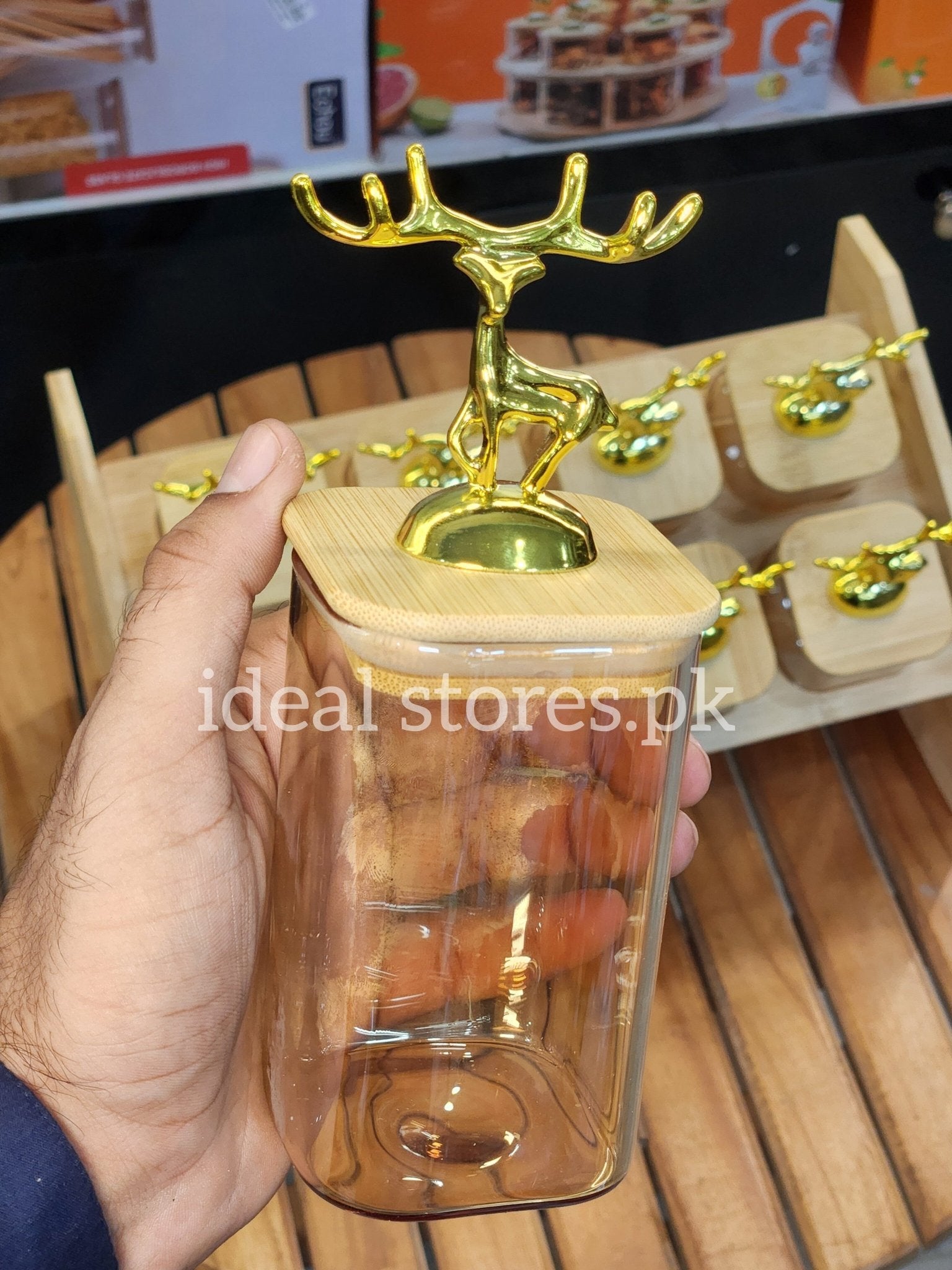 8-Piece Square Glass Storage Jar Set with Bamboo Stand & Deer Handle Lids - My Store 2