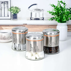 Hyperspace 3-Piece Stainless Steel Glass Canister Set with Screw-On Lids – Coffee, Sugar & Tea Storage Jars for Kitchen Countertop - IDEALSTORES