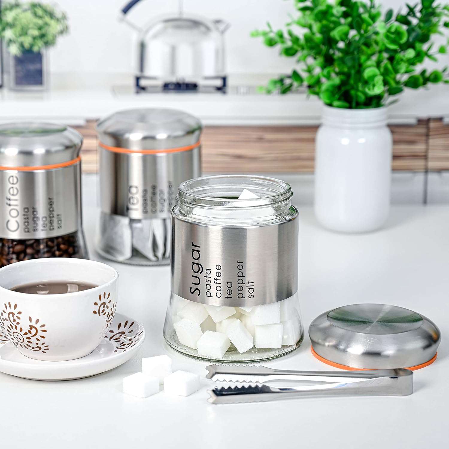 Hyperspace 3-Piece Stainless Steel Glass Canister Set with Screw-On Lids – Coffee, Sugar & Tea Storage Jars for Kitchen Countertop - IDEALSTORES