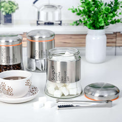 Hyperspace 3-Piece Stainless Steel Glass Canister Set with Screw-On Lids – Coffee, Sugar & Tea Storage Jars for Kitchen Countertop - IDEALSTORES