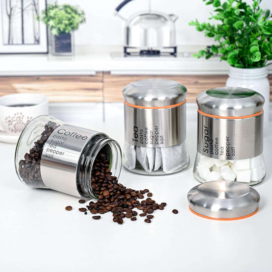Hyperspace 3-Piece Stainless Steel Glass Canister Set with Screw-On Lids – Coffee, Sugar & Tea Storage Jars for Kitchen Countertop - IDEALSTORES