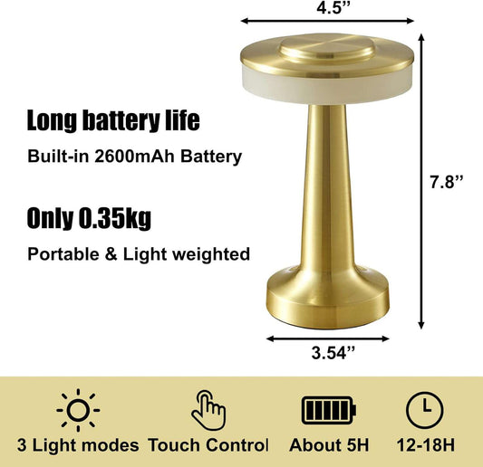 Premium Gold Cordless LED Table Lamp – Rechargeable Brass Finish Touch Lamp with 3 Brightness Levels