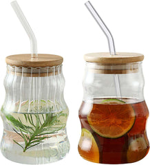 Wavy-Ribbed Amber Glass Drink Tumblers with Bamboo Lids and Straws - IDEALSTORES
