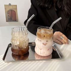 Wavy-Ribbed Amber Glass Drink Tumblers with Bamboo Lids and Straws - IDEALSTORES