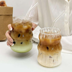 Wavy-Ribbed Amber Glass Drink Tumblers with Bamboo Lids and Straws - IDEALSTORES