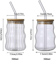 Wavy-Ribbed Amber Glass Drink Tumblers with Bamboo Lids and Straws - IDEALSTORES