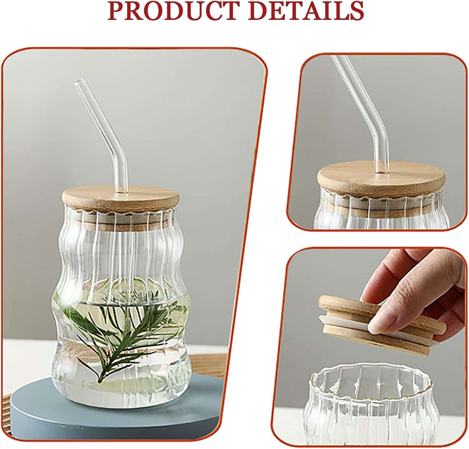 Wavy-Ribbed Amber Glass Drink Tumblers with Bamboo Lids and Straws - IDEALSTORES