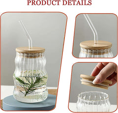 Wavy-Ribbed Amber Glass Drink Tumblers with Bamboo Lids and Straws - IDEALSTORES