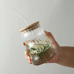 Wavy-Ribbed Amber Glass Drink Tumblers with Bamboo Lids and Straws - IDEALSTORES