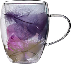Feather Glass Cups - Glass Tea Cups with Handle, Transparent Coffee Cup for Tea, Latte, Hot Drinks - IDEALSTORES