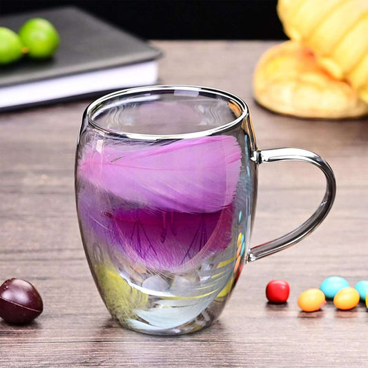 Feather Glass Cups - Glass Tea Cups with Handle, Transparent Coffee Cup for Tea, Latte, Hot Drinks - IDEALSTORES