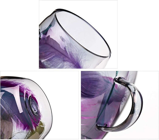 Feather Glass Cups - Glass Tea Cups with Handle, Transparent Coffee Cup for Tea, Latte, Hot Drinks - IDEALSTORES