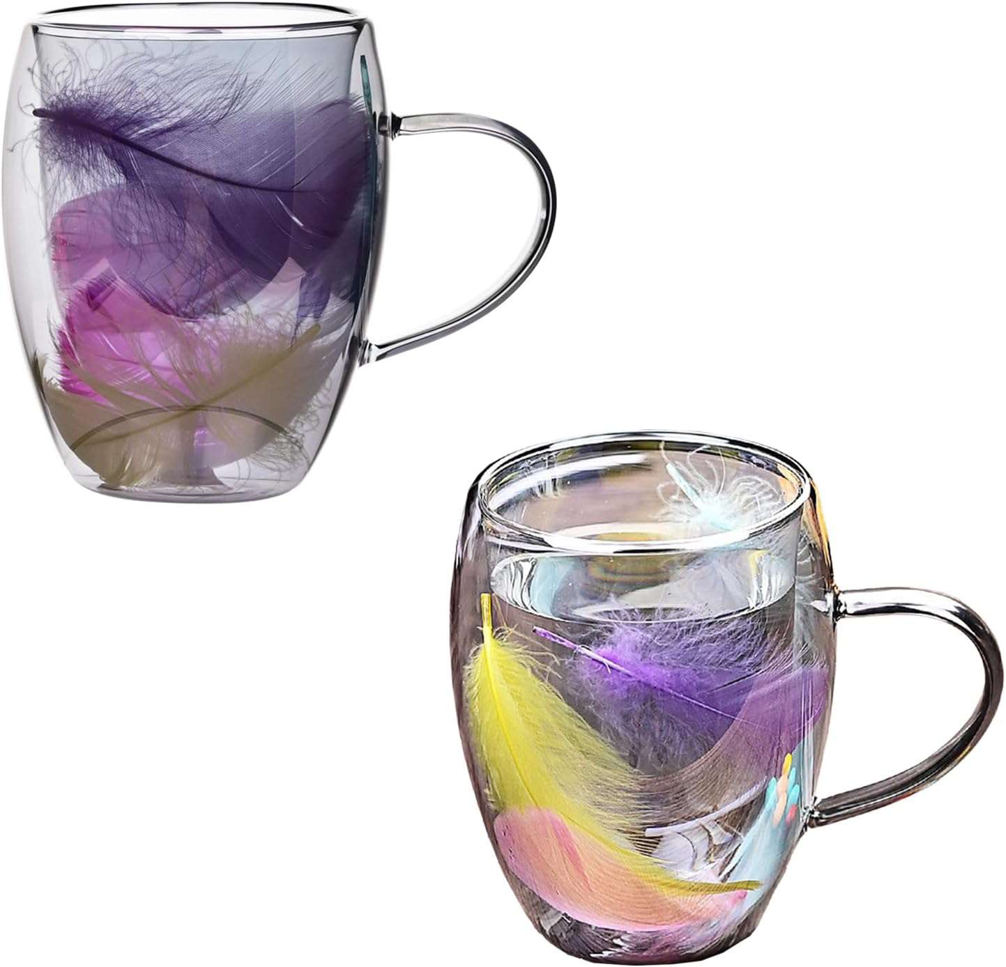 Feather Glass Cups - Glass Tea Cups with Handle, Transparent Coffee Cup for Tea, Latte, Hot Drinks - IDEALSTORES