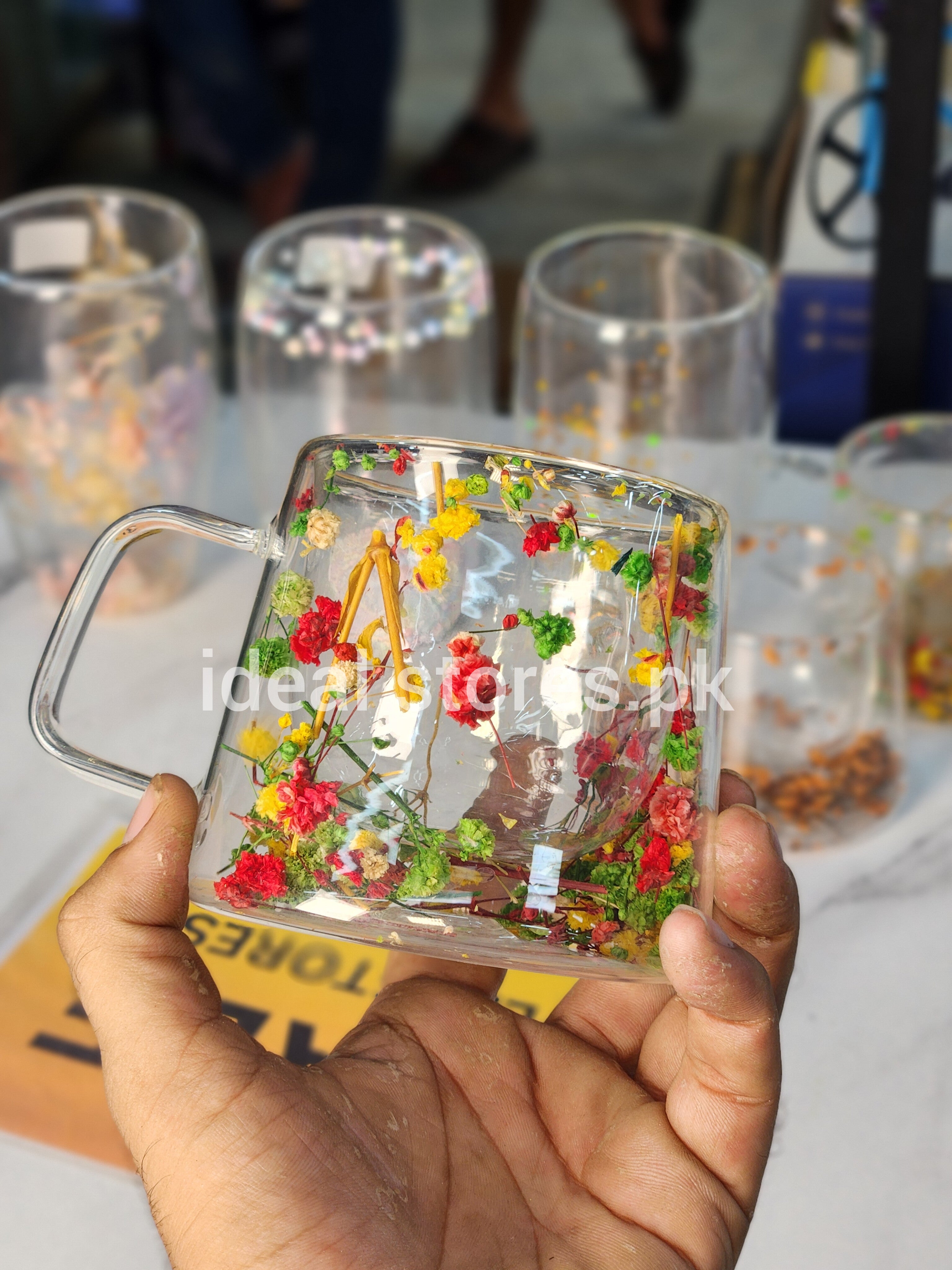 Floral Double Wall Glass Mug with Handle – Transparent Insulated Coffee & Tea Cup