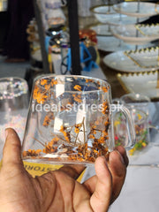 Floral Double Wall Glass Mug with Handle – Transparent Insulated Coffee & Tea Cup