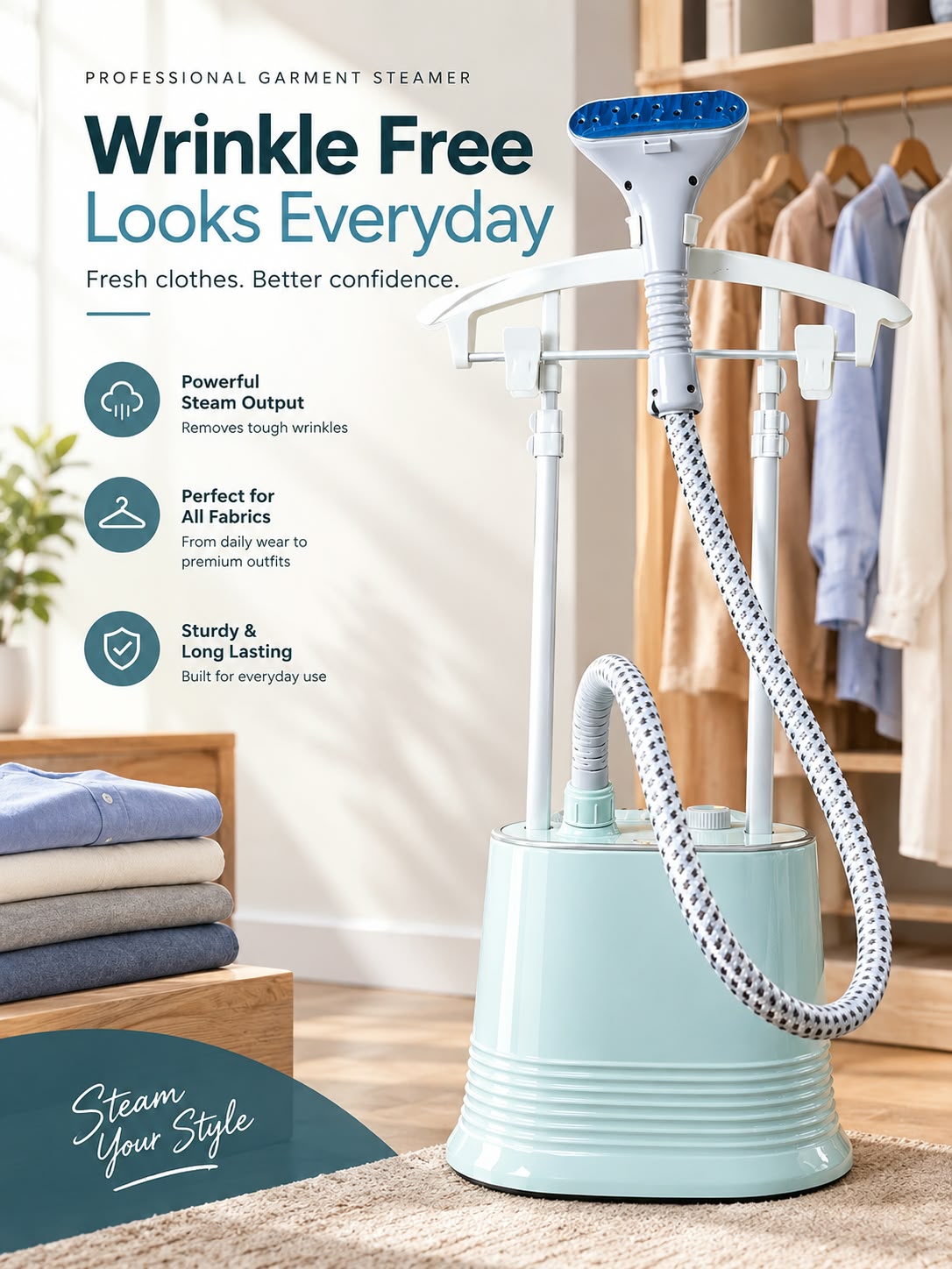 Professional Garment Steamer with Adjustable Stand – Portable Clothes Steam Iron