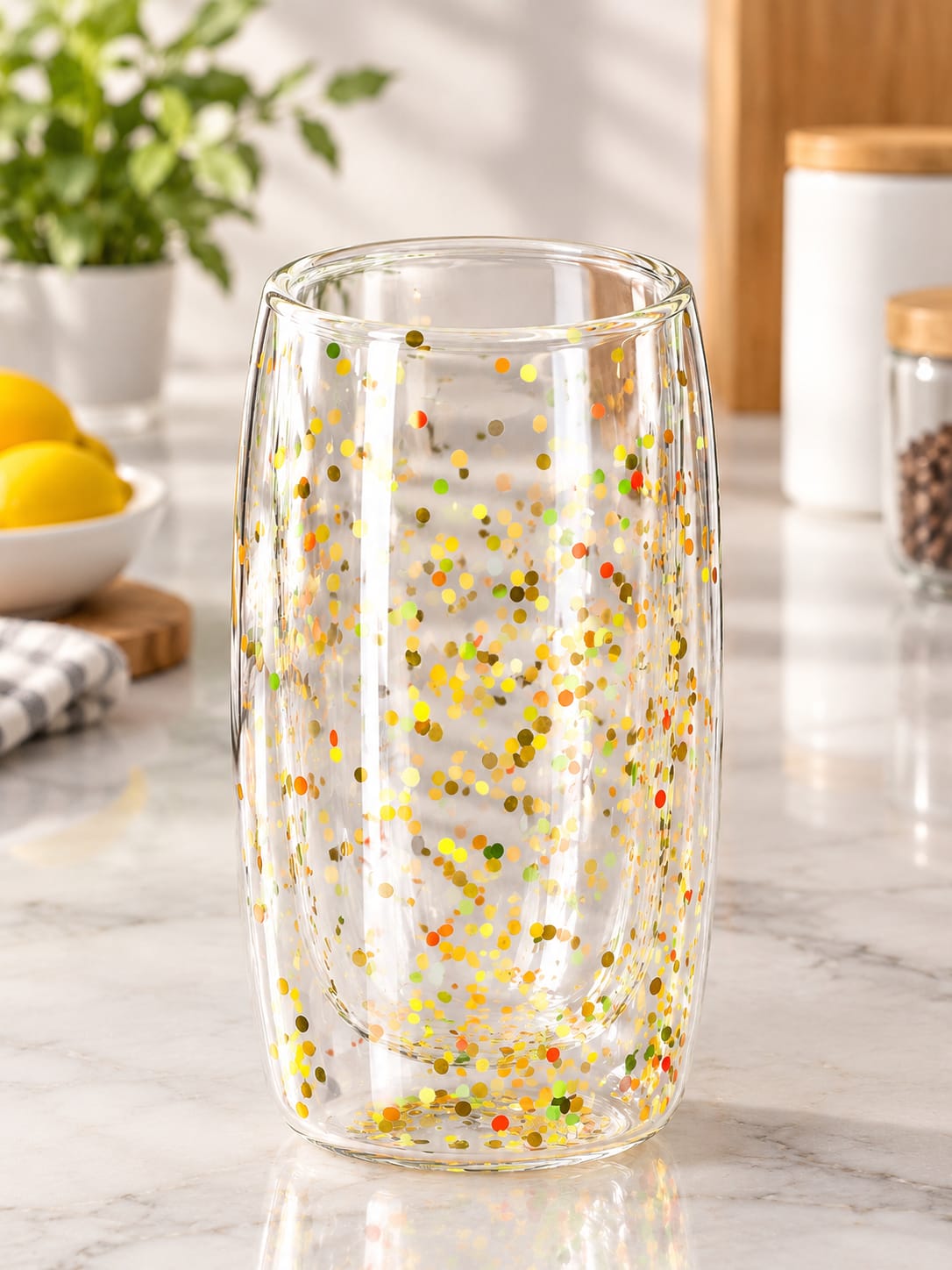Transparent Double Wall Confetti Glass Tumbler – Colorful Insulated Drinking Cup