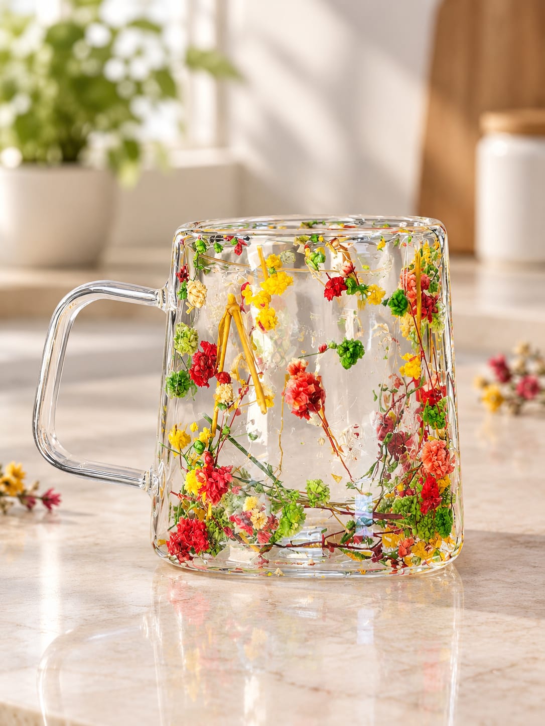 Floral Double Wall Glass Mug with Handle – Transparent Insulated Coffee & Tea Cup