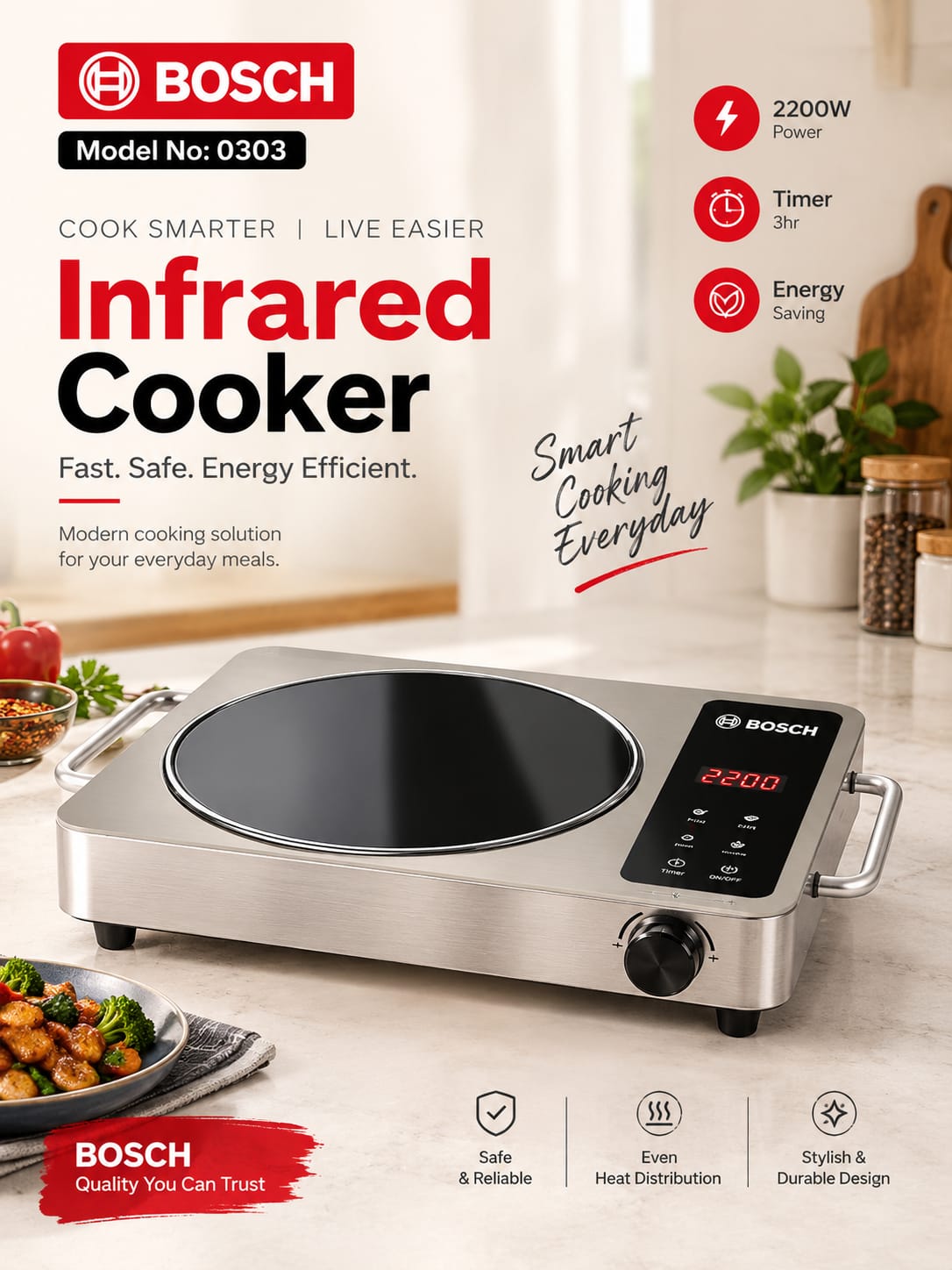 Bosch Infrared Cooker 2200W – Model 0303 | Stainless Steel Electric Hot Plate