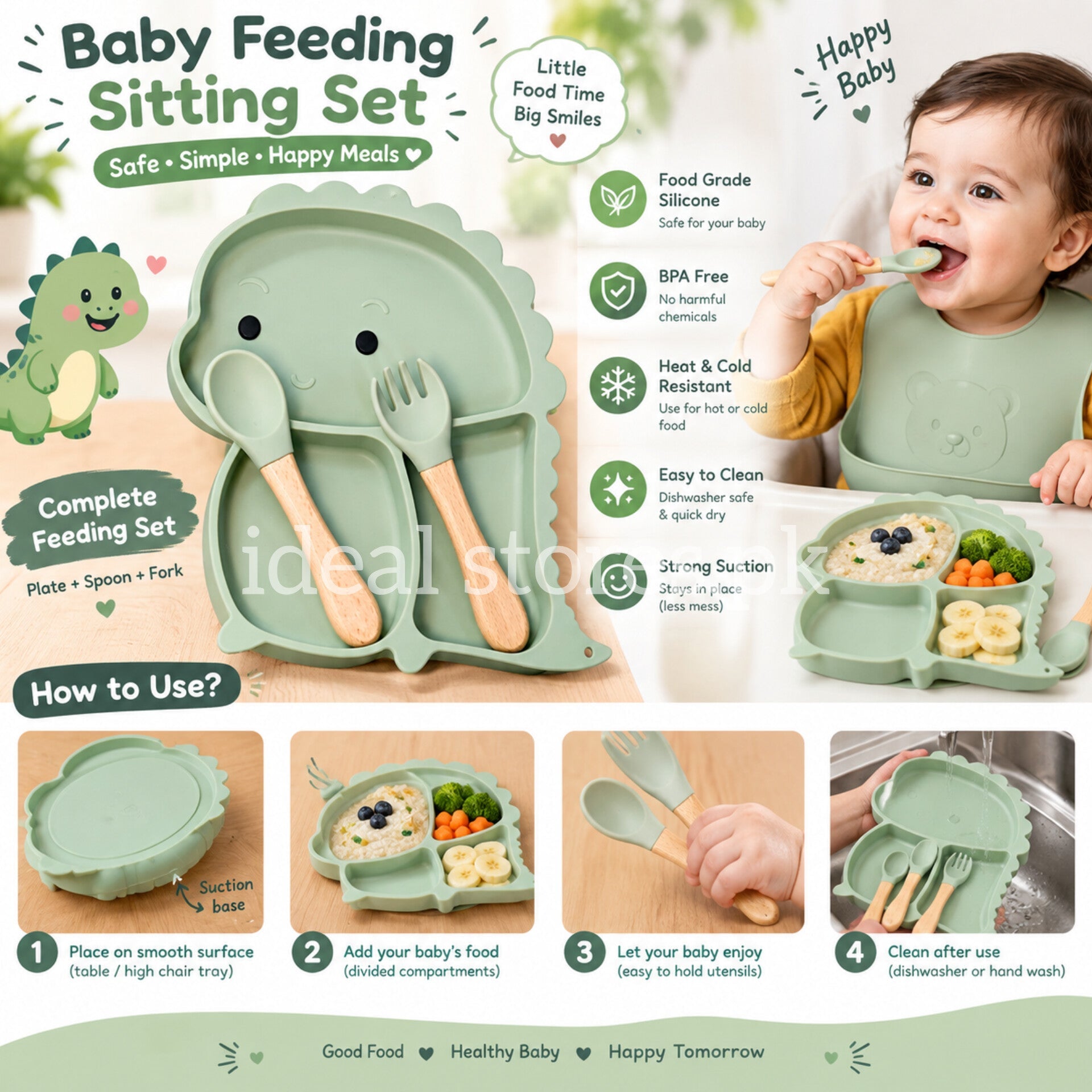 Baby Feeding Sitting Set – Silicone Suction Plate with Spoon & Fork | Divided Baby Feeding Tray | BPA-Free - My Store 2