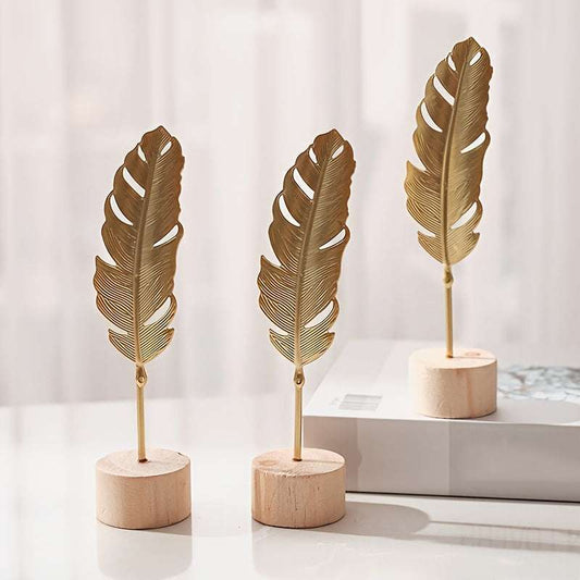 Golden Feather Decor on Wooden Base - IDEALSTORES