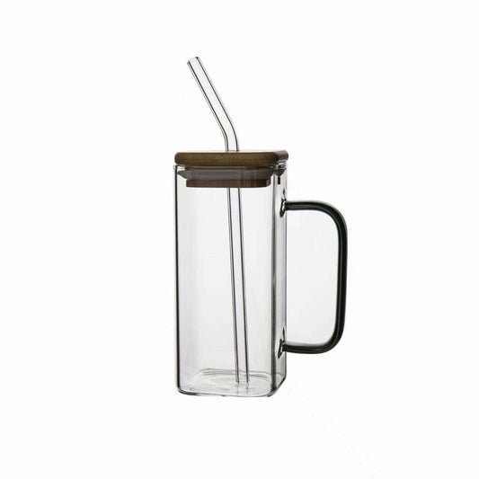 Square Glass Cup with Bamboo Lid and Glass Straw - IDEALSTORES