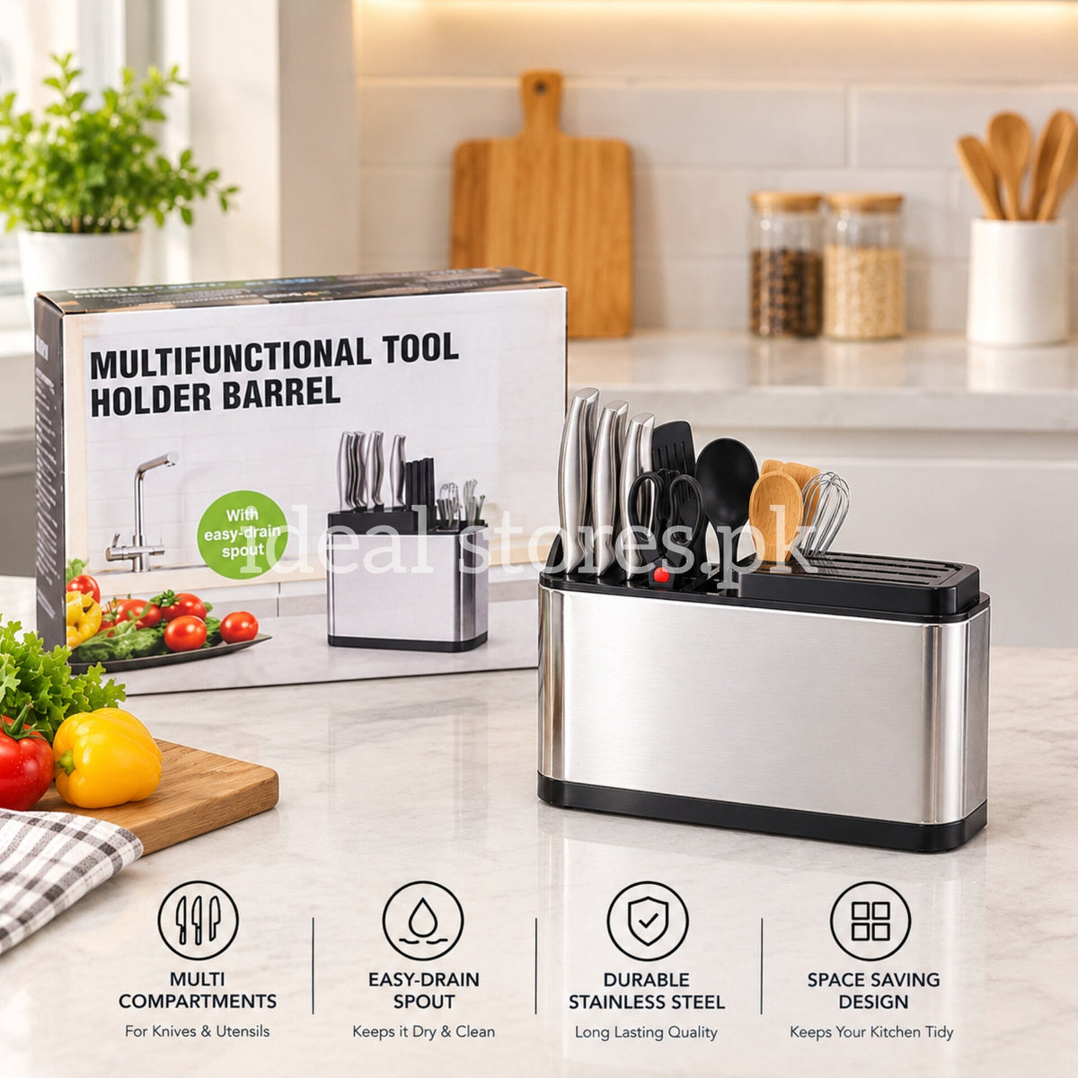Multifunctional Tool Holder Barrel – Stainless Steel Kitchen Utensil & Knife Organizer - My Store 2