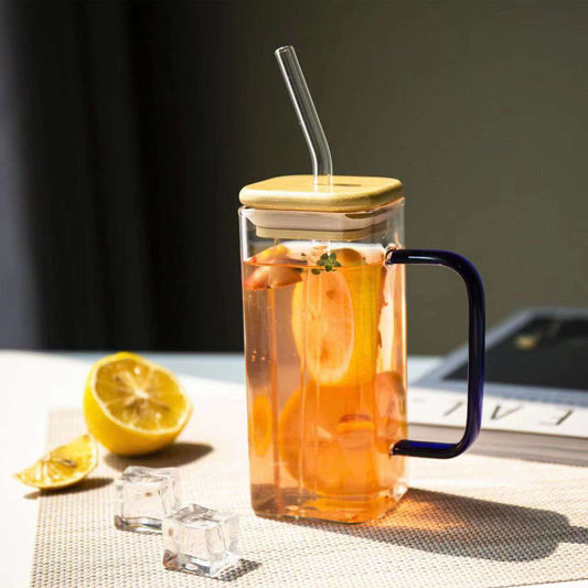 Square Glass Cup with Bamboo Lid and Glass Straw - IDEALSTORES