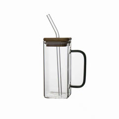 Square Glass Cup with Bamboo Lid and Glass Straw - IDEALSTORES