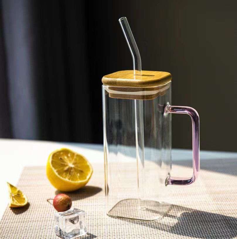 Square Glass Cup with Bamboo Lid and Glass Straw - IDEALSTORES