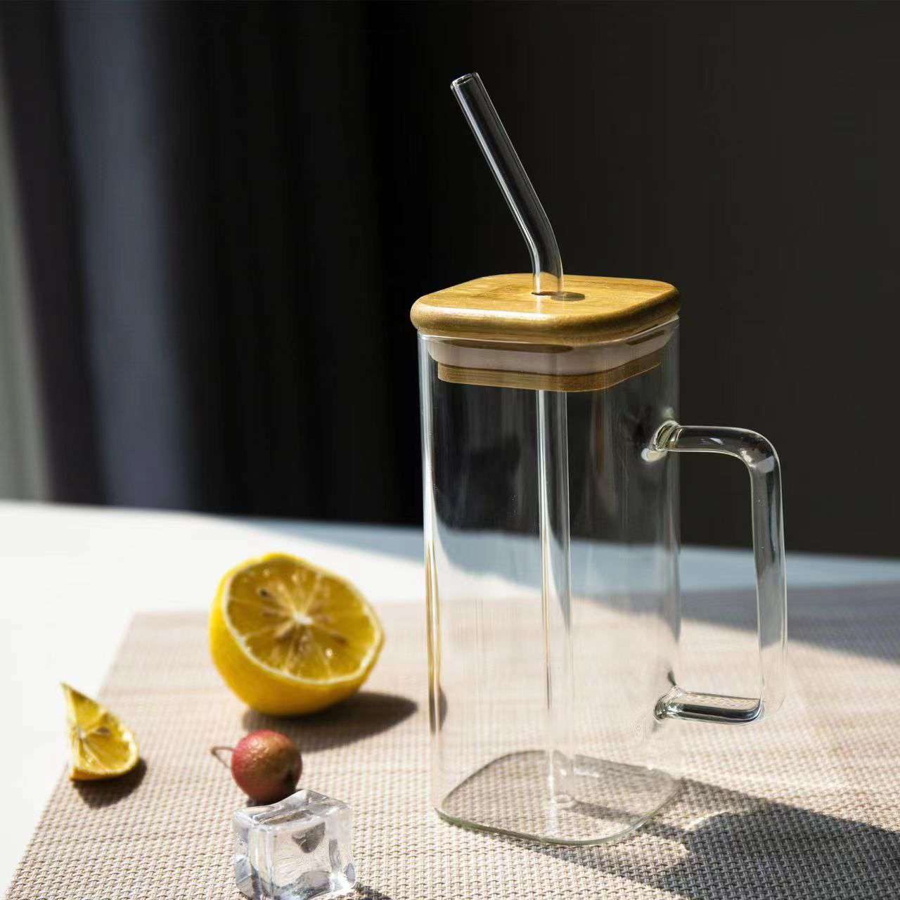 Square Glass Cup with Bamboo Lid and Glass Straw - IDEALSTORES