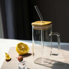 Square Glass Cup with Bamboo Lid and Glass Straw - IDEALSTORES